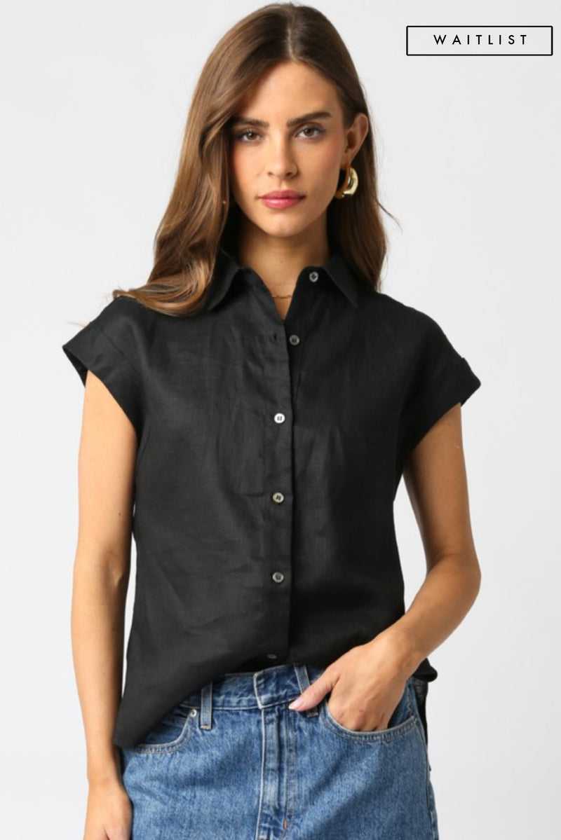 Short Sleeve Linen Button Down Top Black