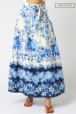 High Waist Tie Floral Print Maxi Skirt Blue