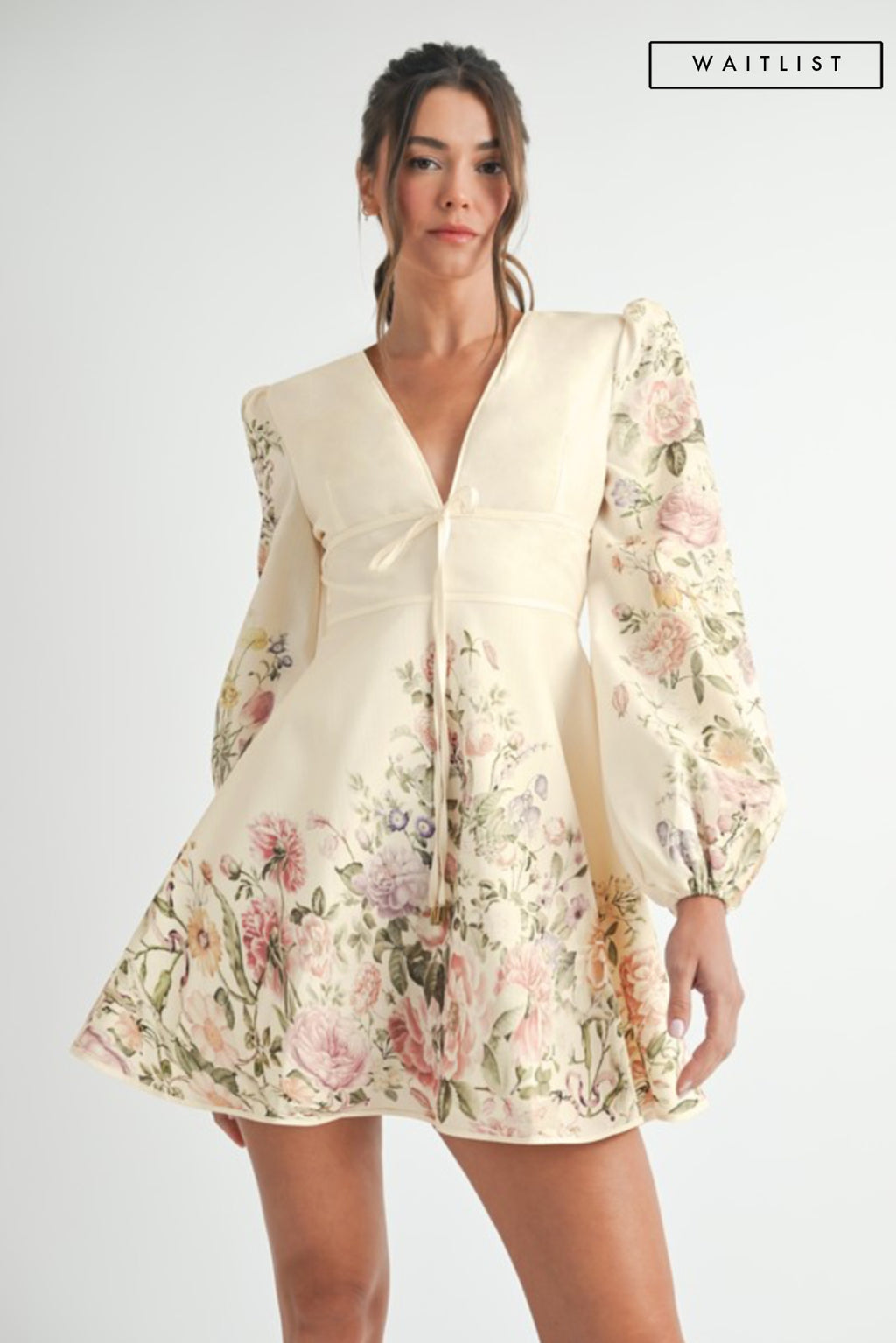 Long Sleeve Floral Print Flared Mini Dress Cream