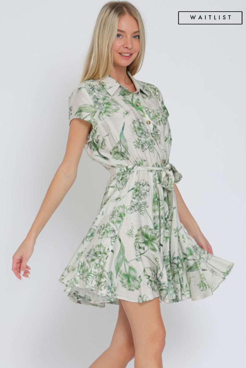 Short Sleeve Floral Print Button Down Mini Dress Green