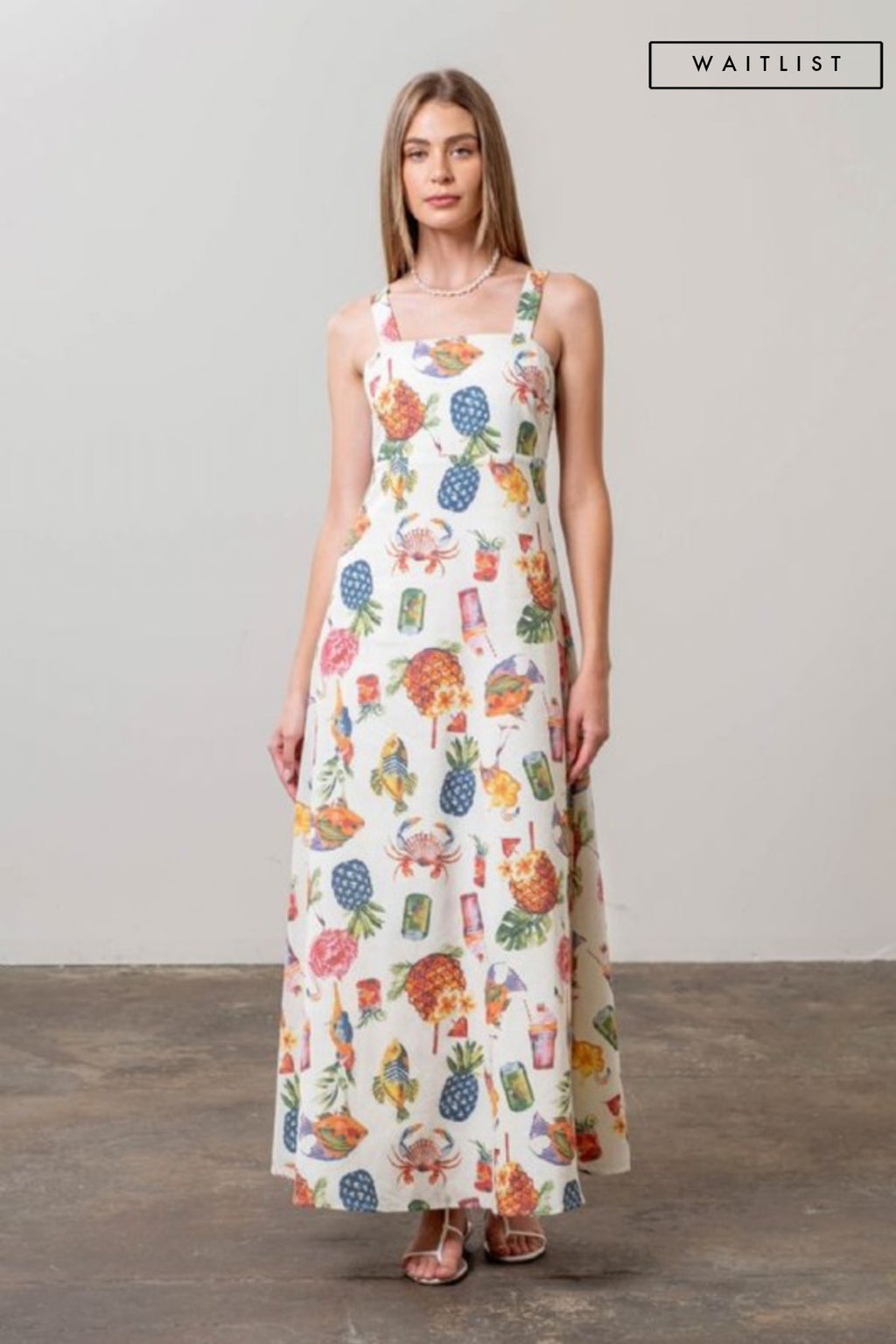 Sleeveless Tropical Print Maxi Dress Cream