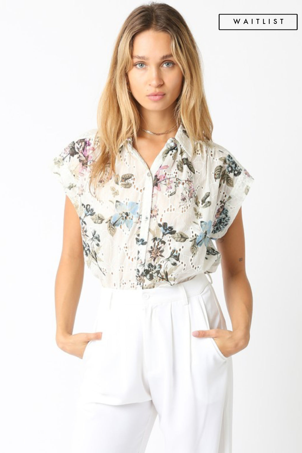 Short Sleeve Button Down Eyelet Floral Print Top Natural