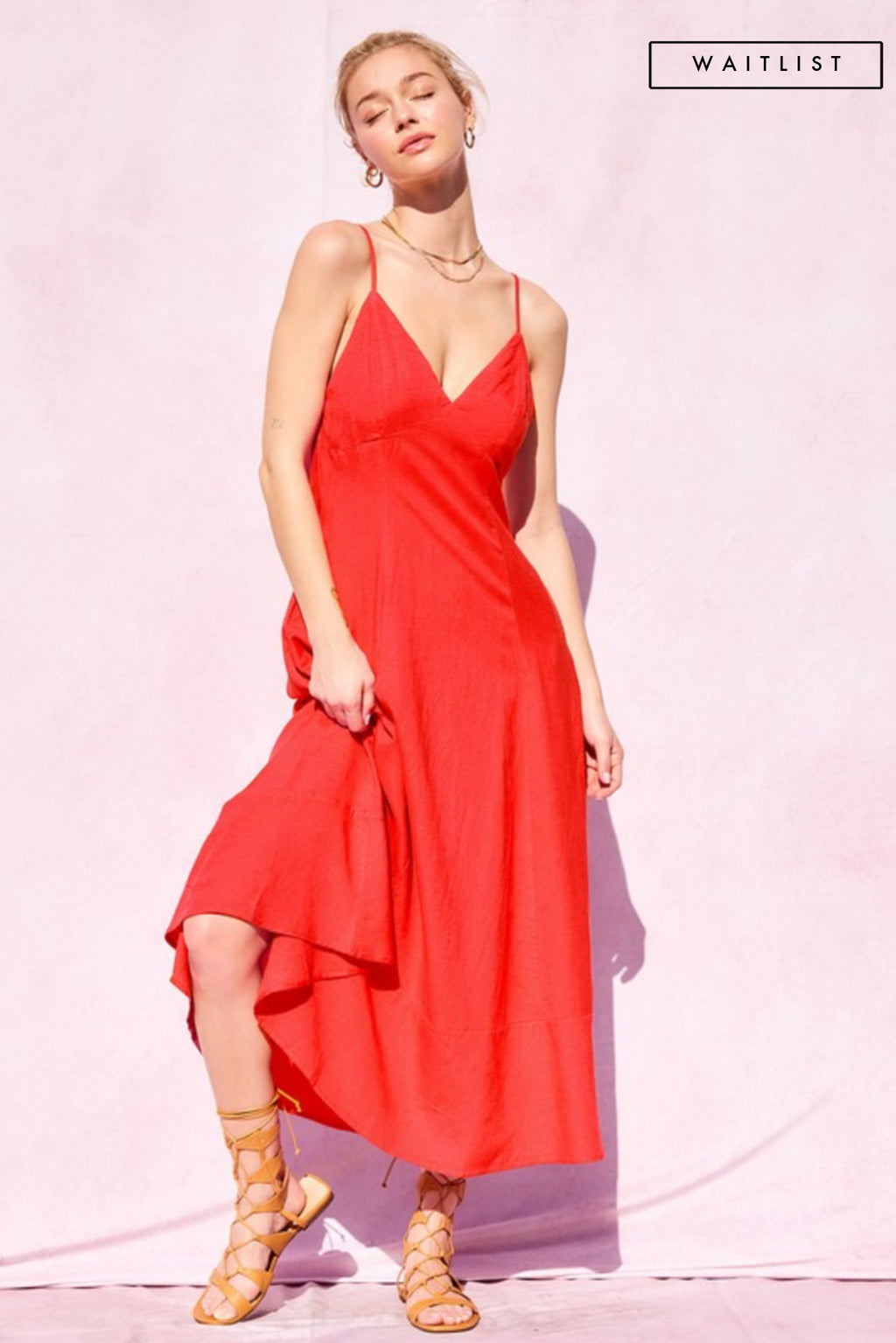 Sleeveless Open Back Linen Maxi Dress Red