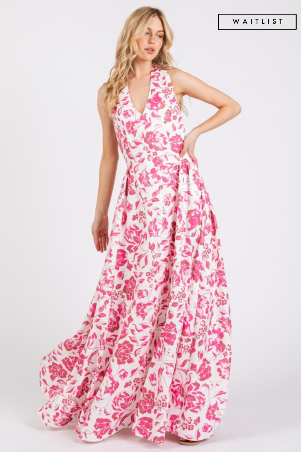 Sleeveless Halter Floral Print Maxi Dress Pink