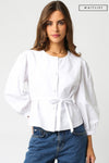 Long Sleeve Button Down Waist Tie Top White