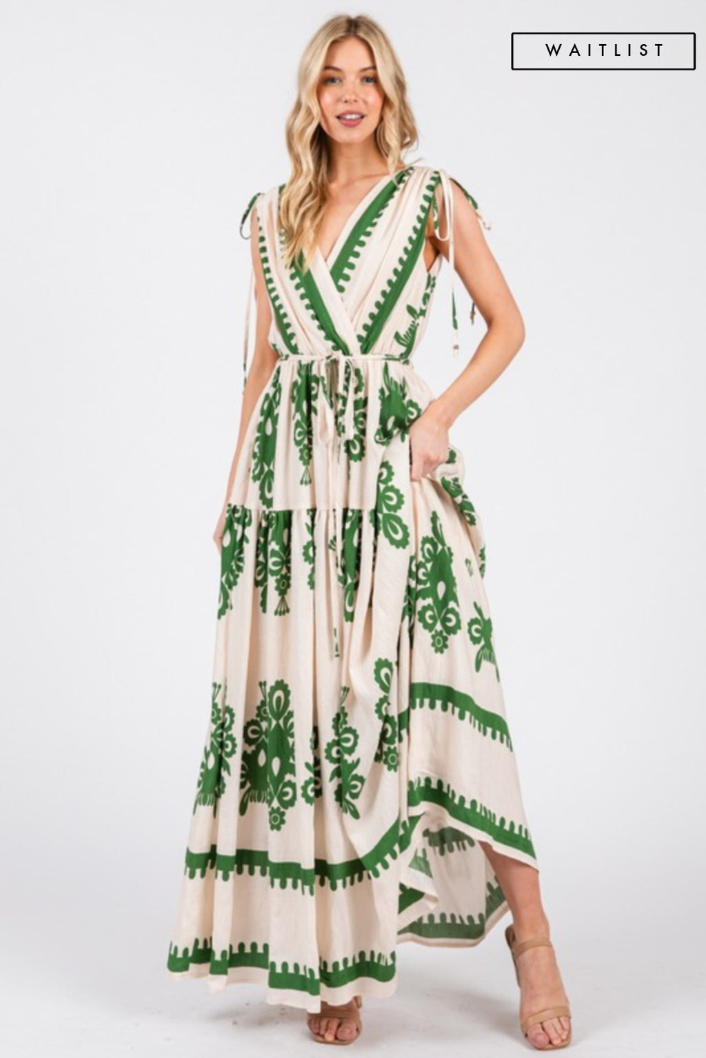 Sleeveless Damask Print Waist Tie Maxi Dress Green