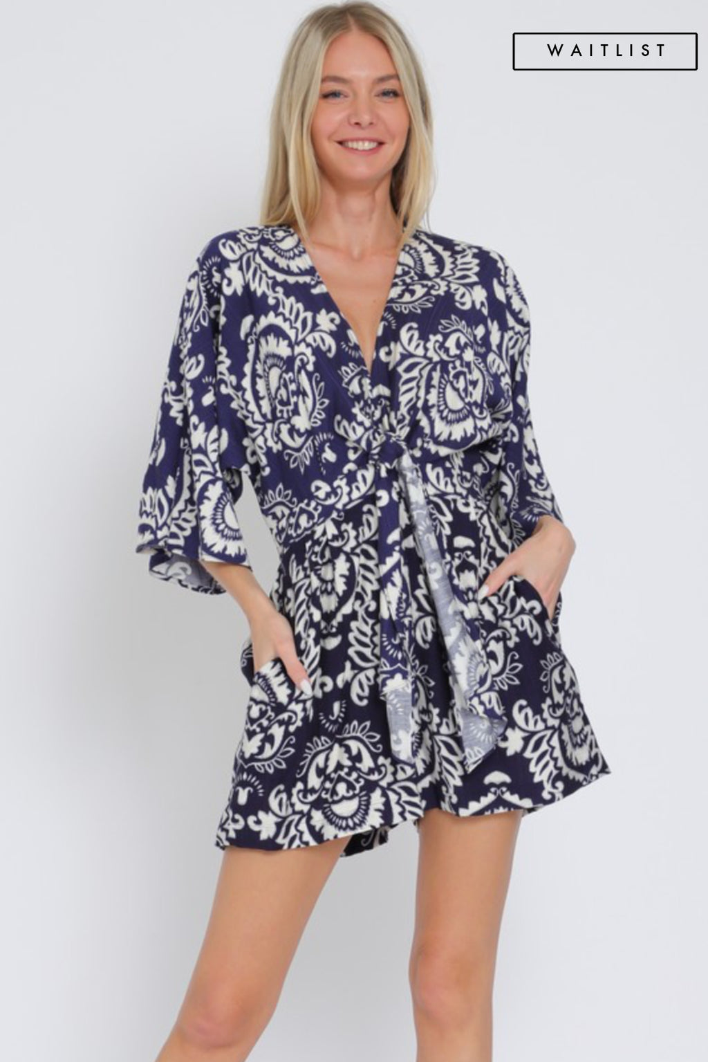 Kimono Sleeve Front Tie Abstract Print Romper Navy