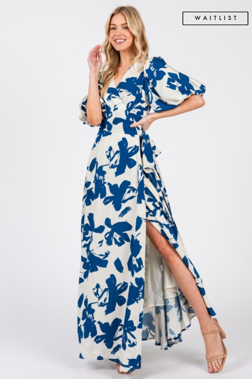 Short Bubble Sleeve Floral Print Wrap Maxi Dress Blue