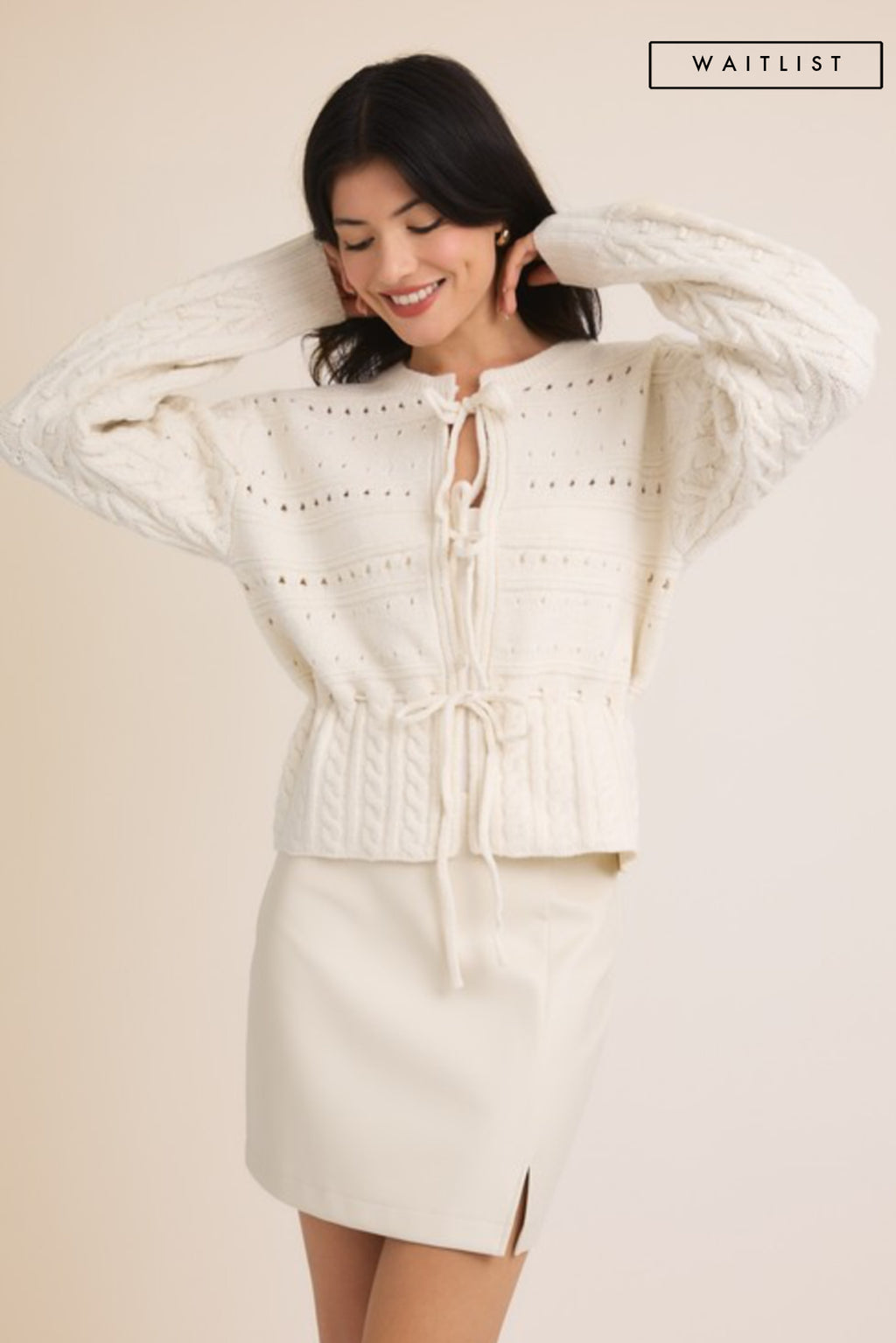 Long Sleeve Front Tie Knit Sweater Top White