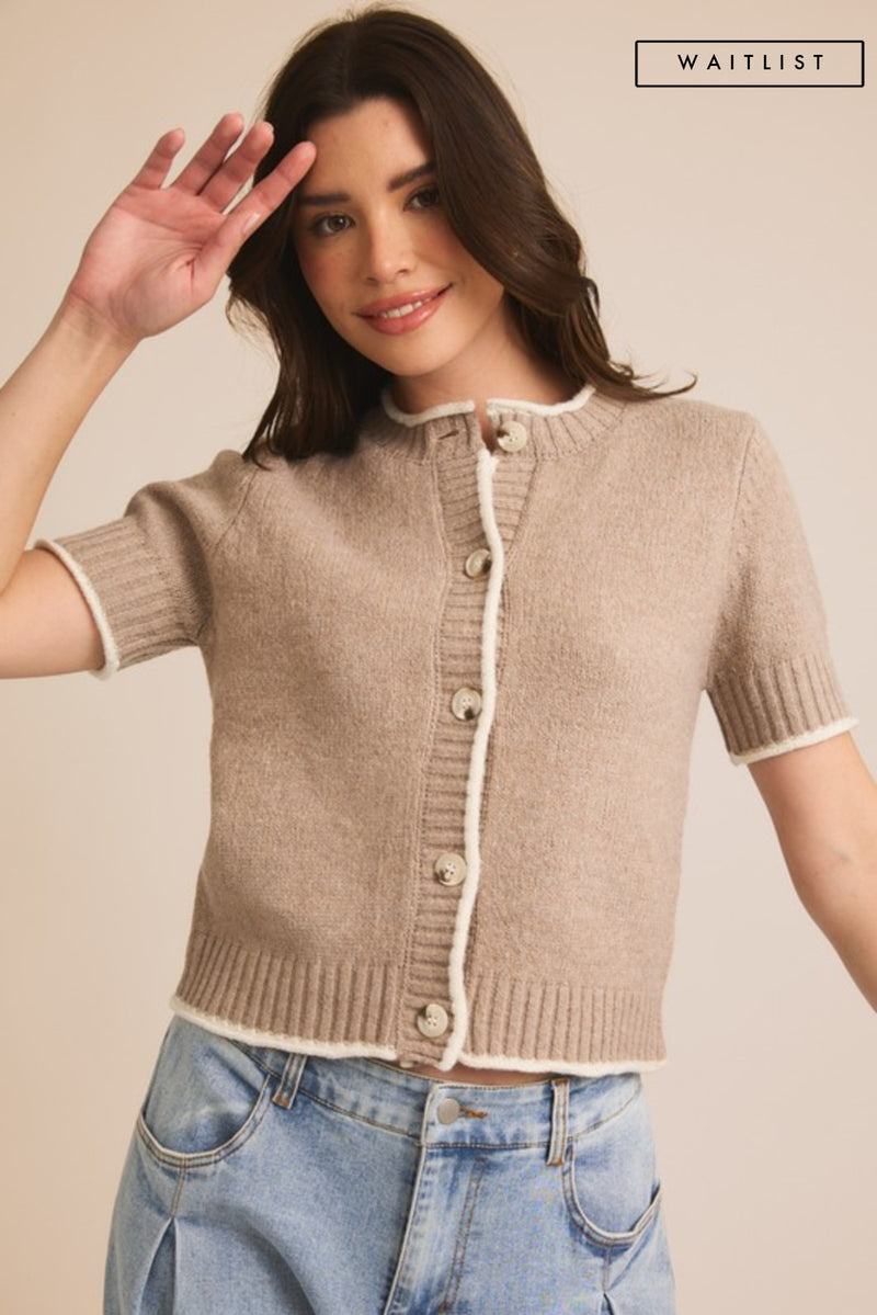 Short Sleeve Button Down Contrast Sweater Top Taupe