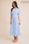  Short Sleeve Button Down Stripe Print Midi Dress Blue