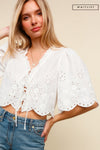   Short Sleeve Embroidered Front Tie Top White