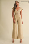 Short Sleeve Lace Crochet Linen Wide Leg Jumpsuit Beige