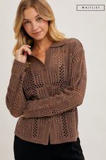 Long Sleeve Button Down Crochet Cardigan Top Brown