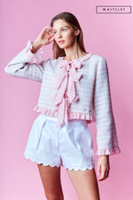 Long Sleeve Ruffle Bow Tie Tweed Jacket Pink