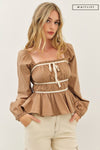 Waitlist 11/13 ♥ Kate Long Sleeve Contrast Babydoll Top Taupe