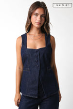 Sleeveless Partial Button Down Denim Top Dark Wash