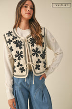 Sleeveless Floral Embroidered Front Tie Quilted Vest Taupe