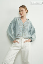 Long Ballon Sleeve Button Down Embroidered Denim Top Light Wash