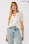 Short Sleeve Floral Eyelet Print Button Down Top White