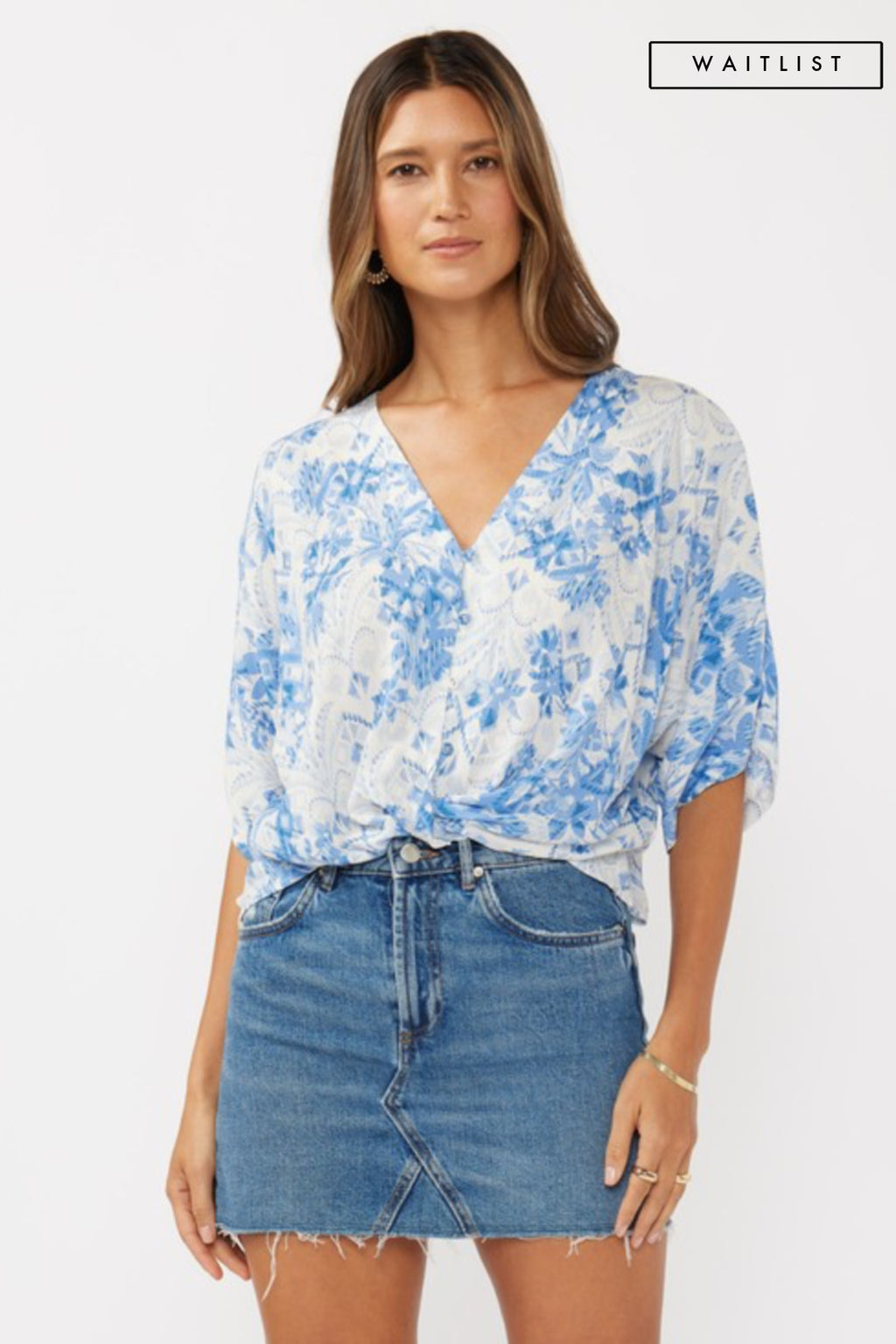 Short Sleeve Button Down Floral Print Top Blue