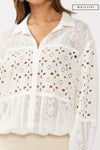 Long Sleeve Embroidered Eyelet Button Down Top White