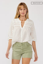 3/4 Sleeve Eyelet Button Down Top White