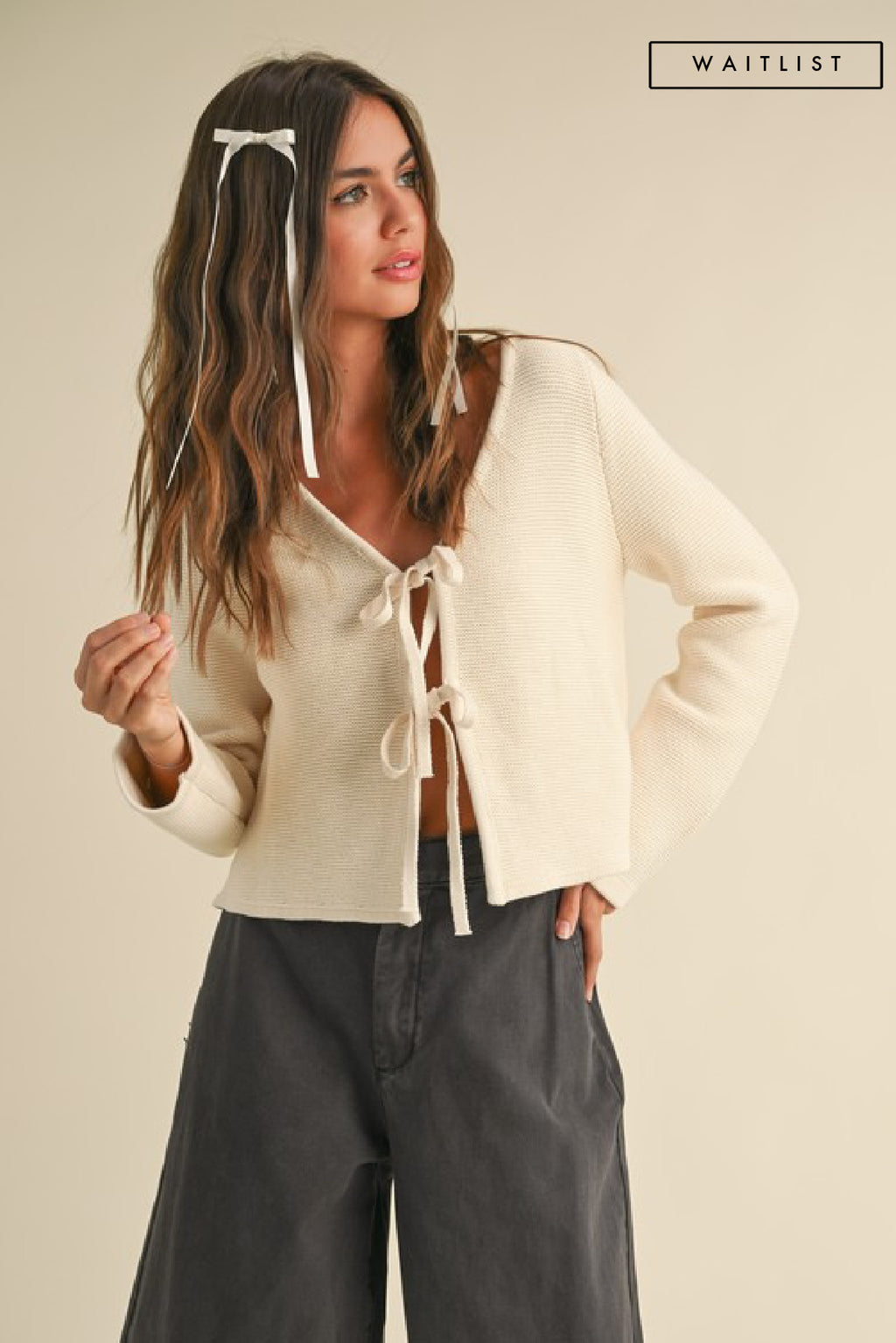 Long Sleeve Bow Tie Knit Cardigan Sweater Beige