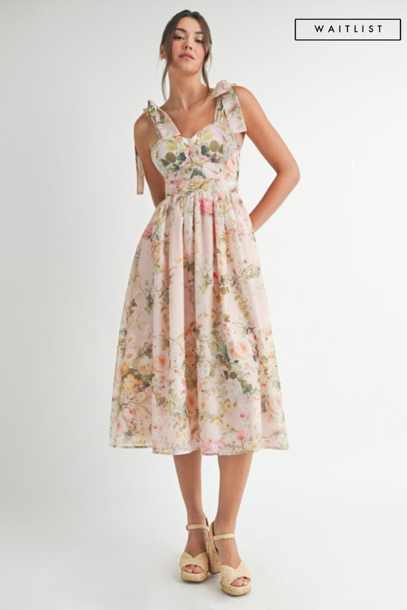 Sleeveless Shoulder Tie Floral Print Midi Dress Blush