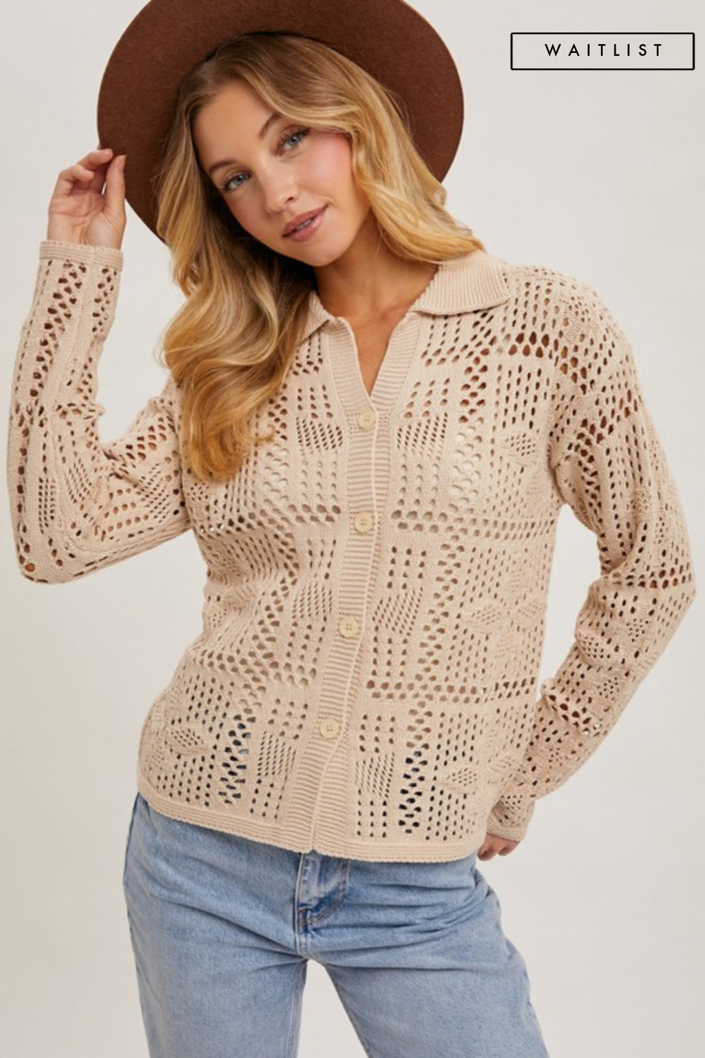 Jacie Long Sleeve Button Down Crochet Cardigan Top Natural