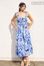 Waitlist 4/23 ♥ Sierra Sleeveless Shoulder Tie Seashell Print Midi Dress Blue