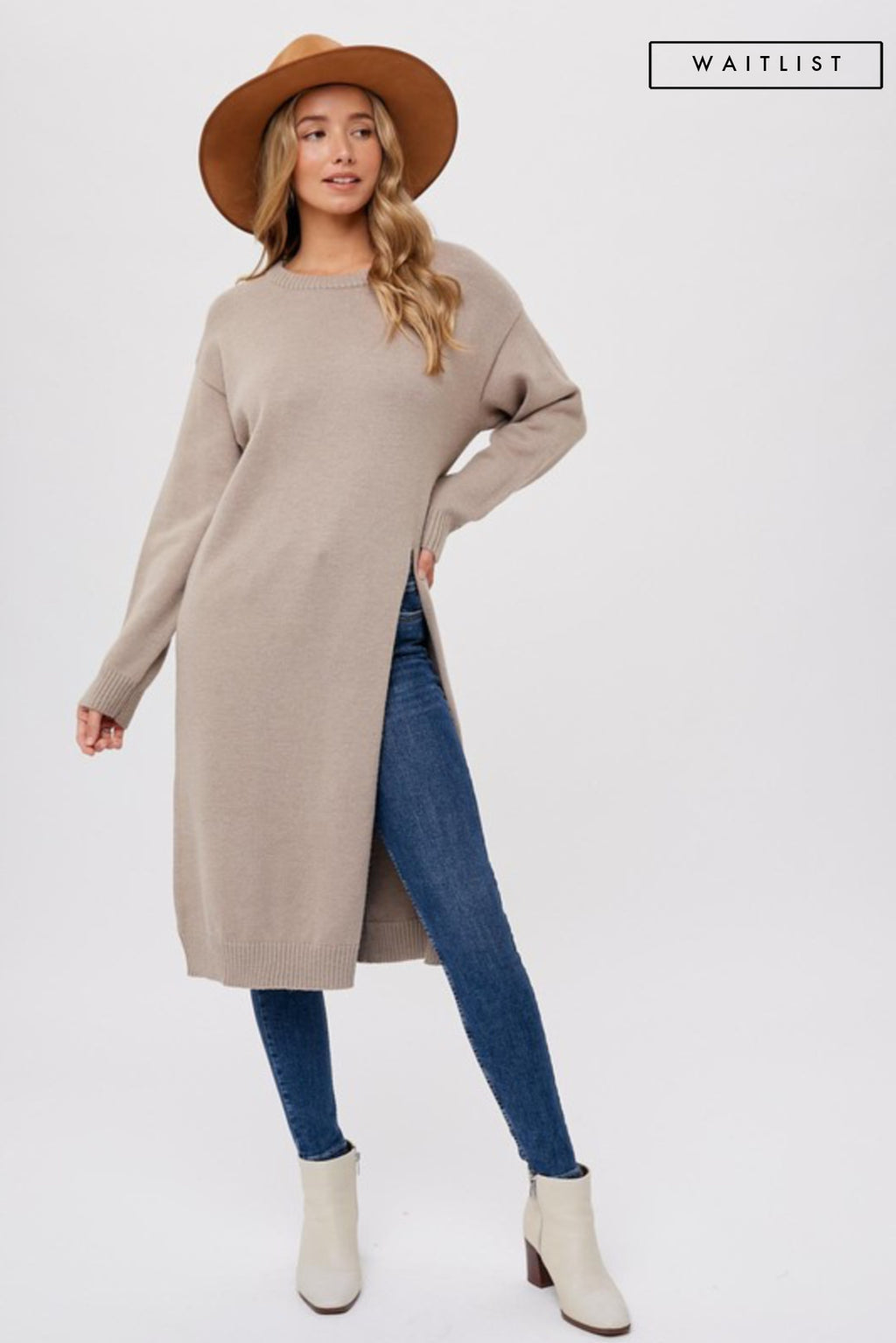 Long Sleeve High Slit Long Pullover Sweater Top Taupe