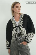 Long Sleeve Floral Embroidered Front Tie Quilted Shacket Black