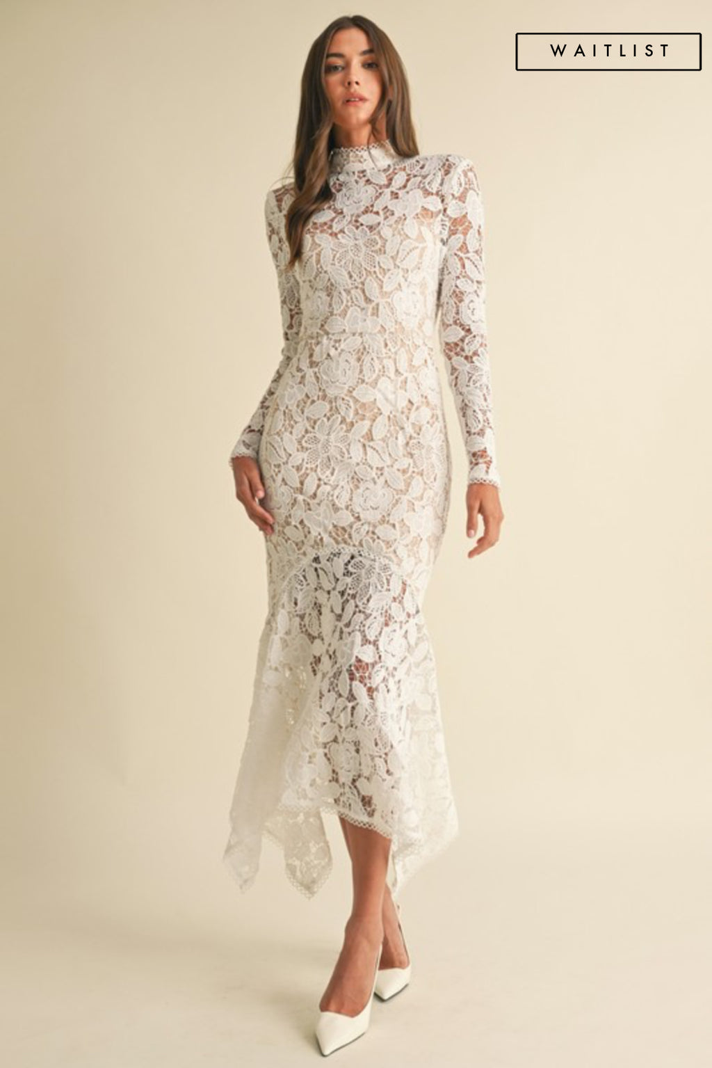 Long Sleeve Mock Neck Floral Lace Midi Dress White