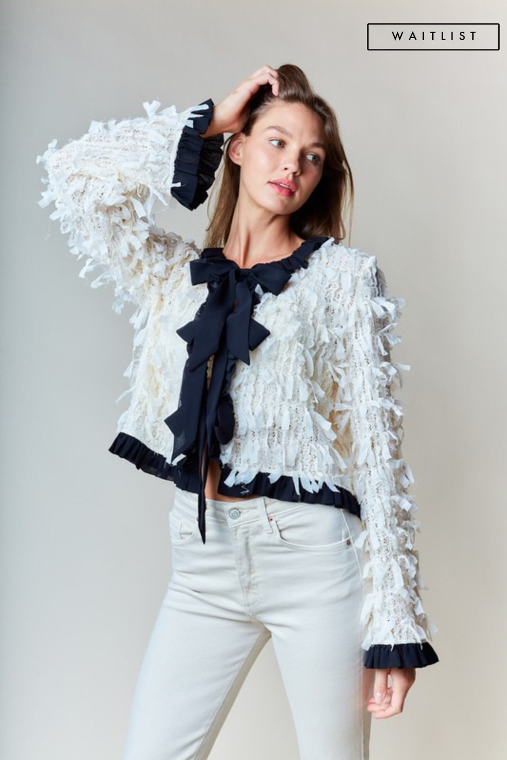 Long Sleeve Bow Tie Fringed Jacket Ivory