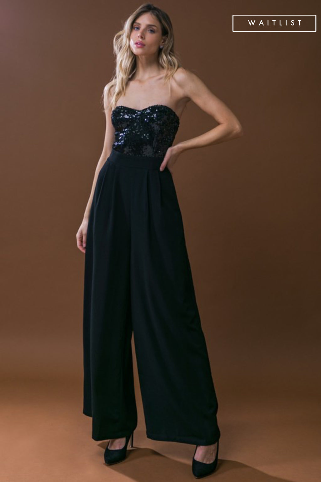 Sleeveless Sequin Bodice Wide Leg Jumpsuit Black