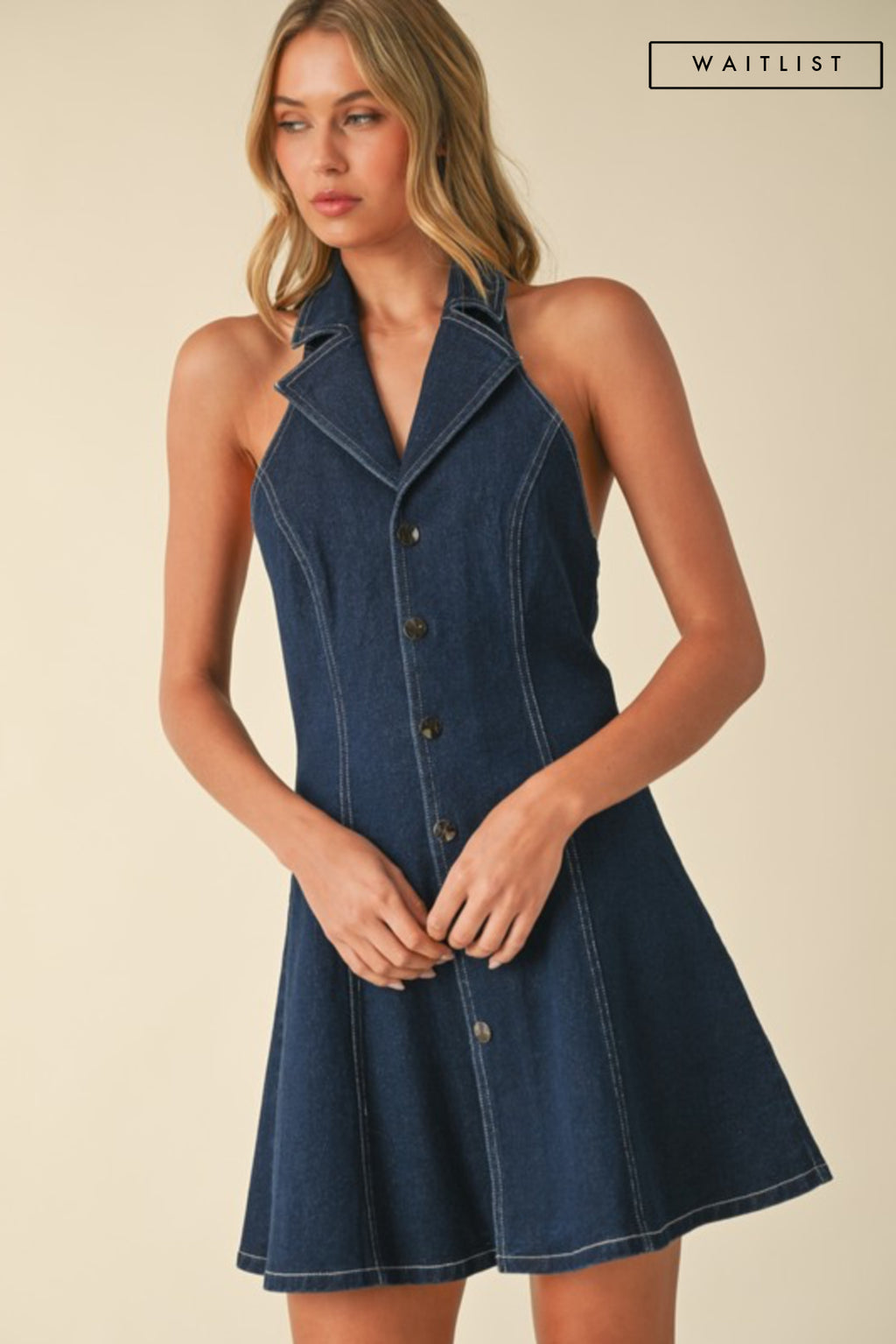 Sleeveless Collared Halter Button Down Denim Mini Dress Dark Wash