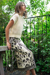 High Waist Floral Print Linen Wrap Midi Skirt Cream