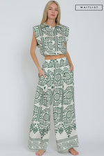 Sleeveless Shoulder Pad Printed Top And Wide Leg Pants Set Green