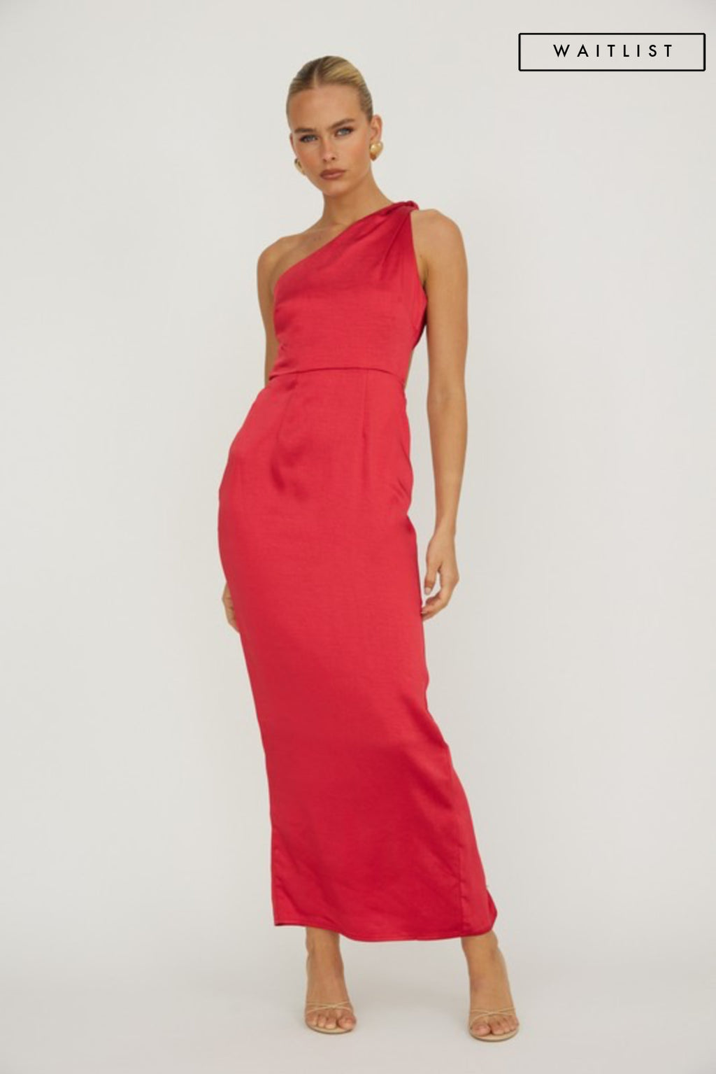 vSleeveless One Shoulder Satin Maxi Dress Red