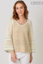 Long Bell Sleeve Crochet Knit Sweater Top Taupe