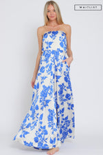 Sleeveless Floral Print Wide Leg Jumpsuit Blue