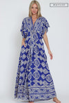  Kimono Sleeve Front Tie Printed Wide Leg Jumpsuit Blue