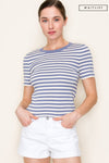 Short Sleeve Stripe Print Sweater Top Blue