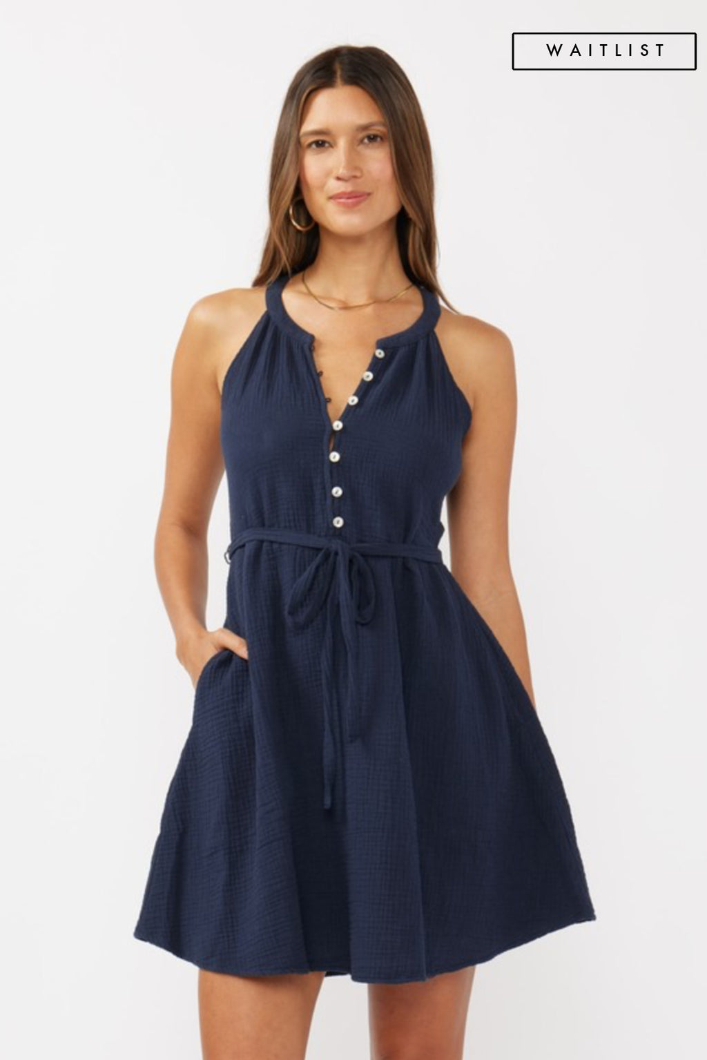 Sleeveless Waist Tie Gauze Mini Dress Navy