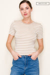 Short Sleeve Stripe Print Sweater Top Taupe