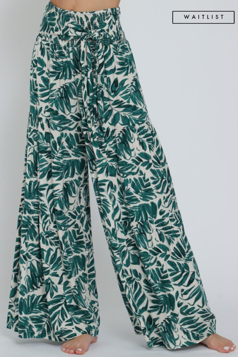 High Waist Tie Tropical Print Wide Leg Pants Green