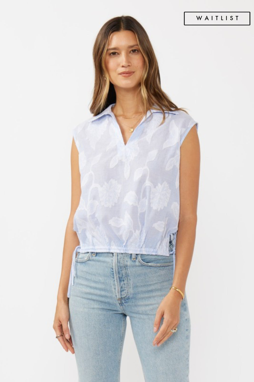 Sleeveless Stripe Print Embroidered Drawstring Waist Top Blue