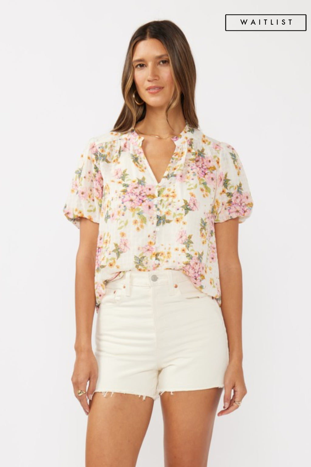 Short Puff Sleeve Button Down Floral Print Top Natural