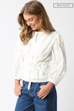 Long Sleeve Button Down Waist Tie Eyelet Top White